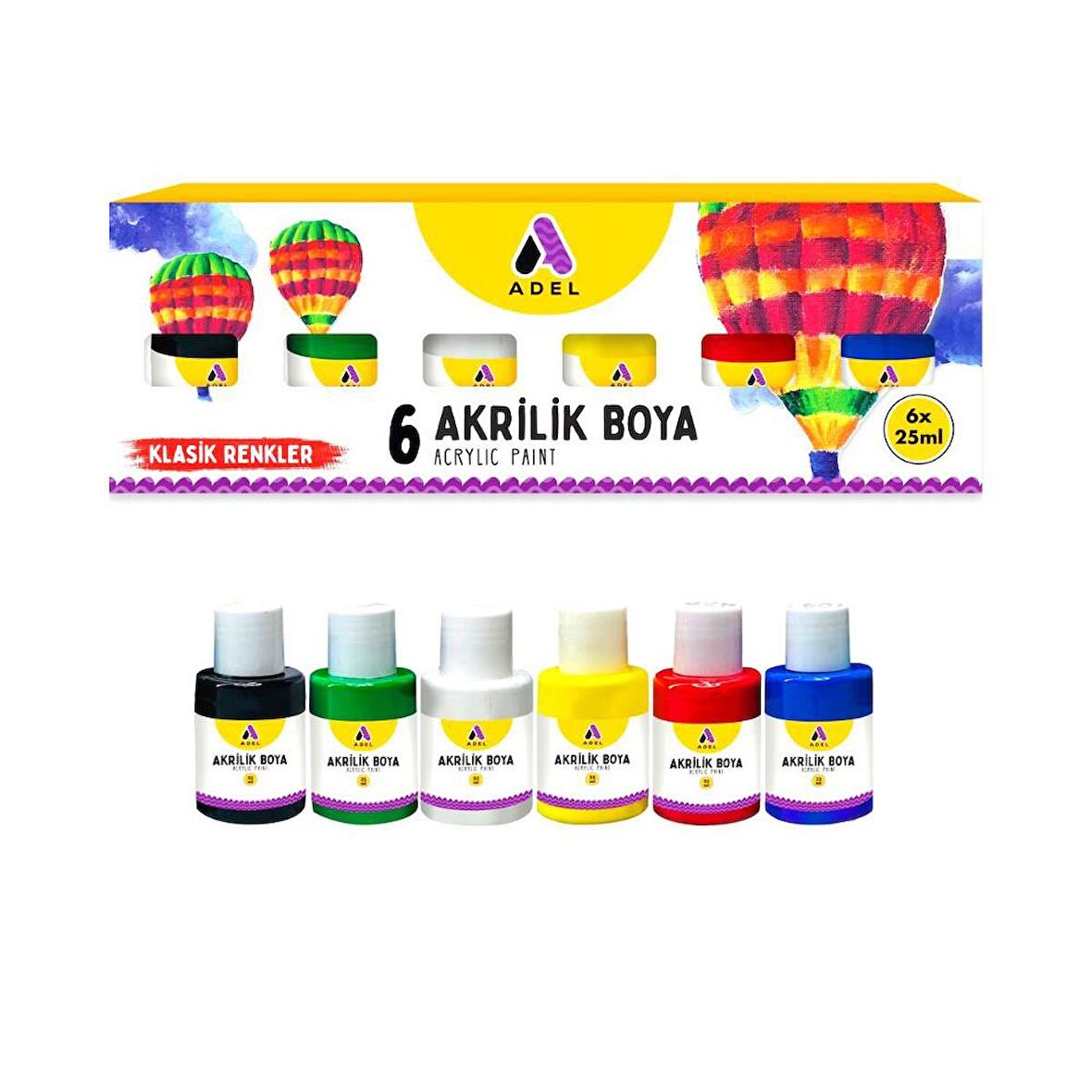 Akrilik Boya Klasik Ana Renkler 6 Renk (6x25 ml) 1 Paket Adel Akrilik Boya Ana Renkler 6*25 ml 1 Paket