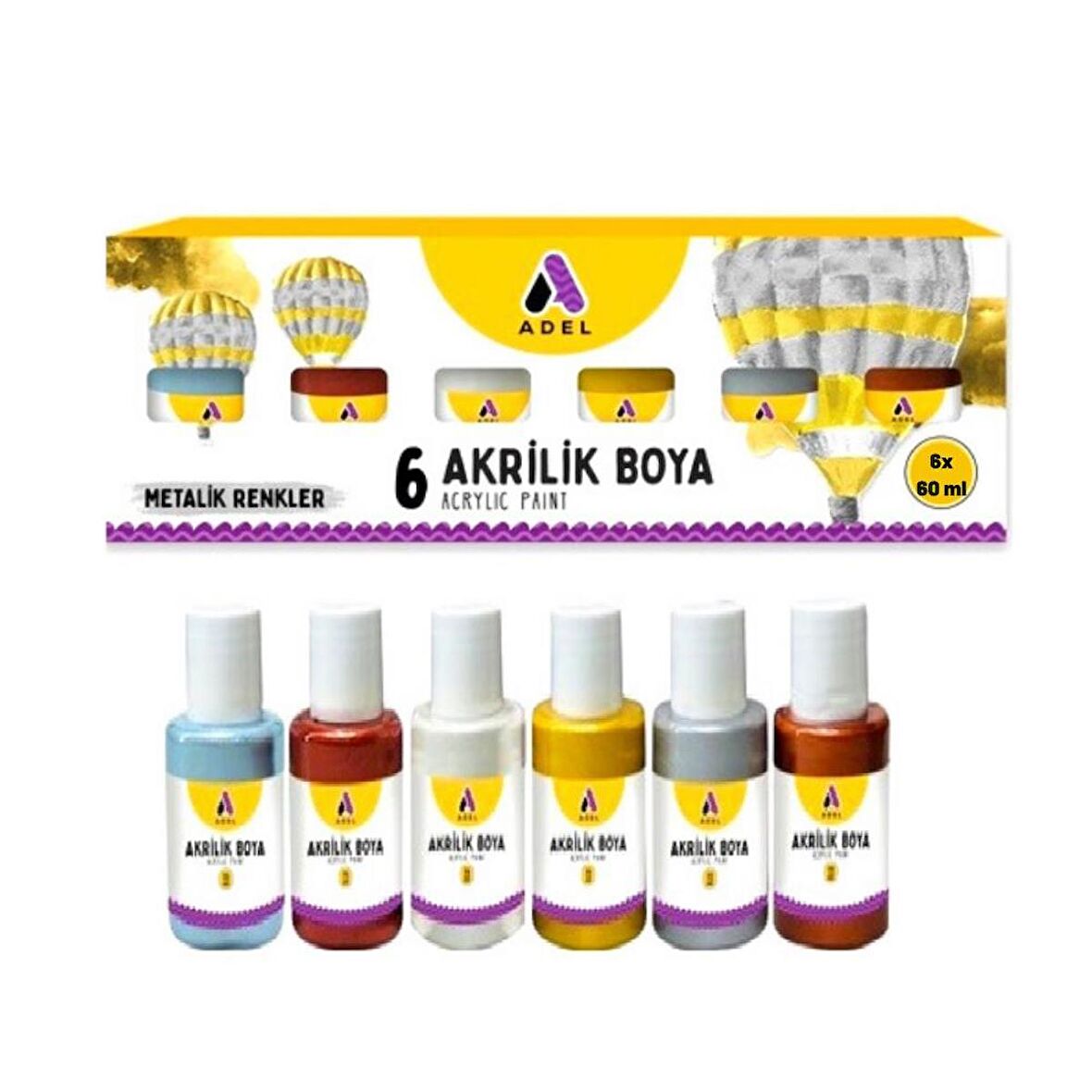 Akrilik Boya Metalik Renkler 6 Renk (6x60 ml) 1 Paket Adel Akrilik Boya Metalik Renkler 6x60 ml 1 Paket
