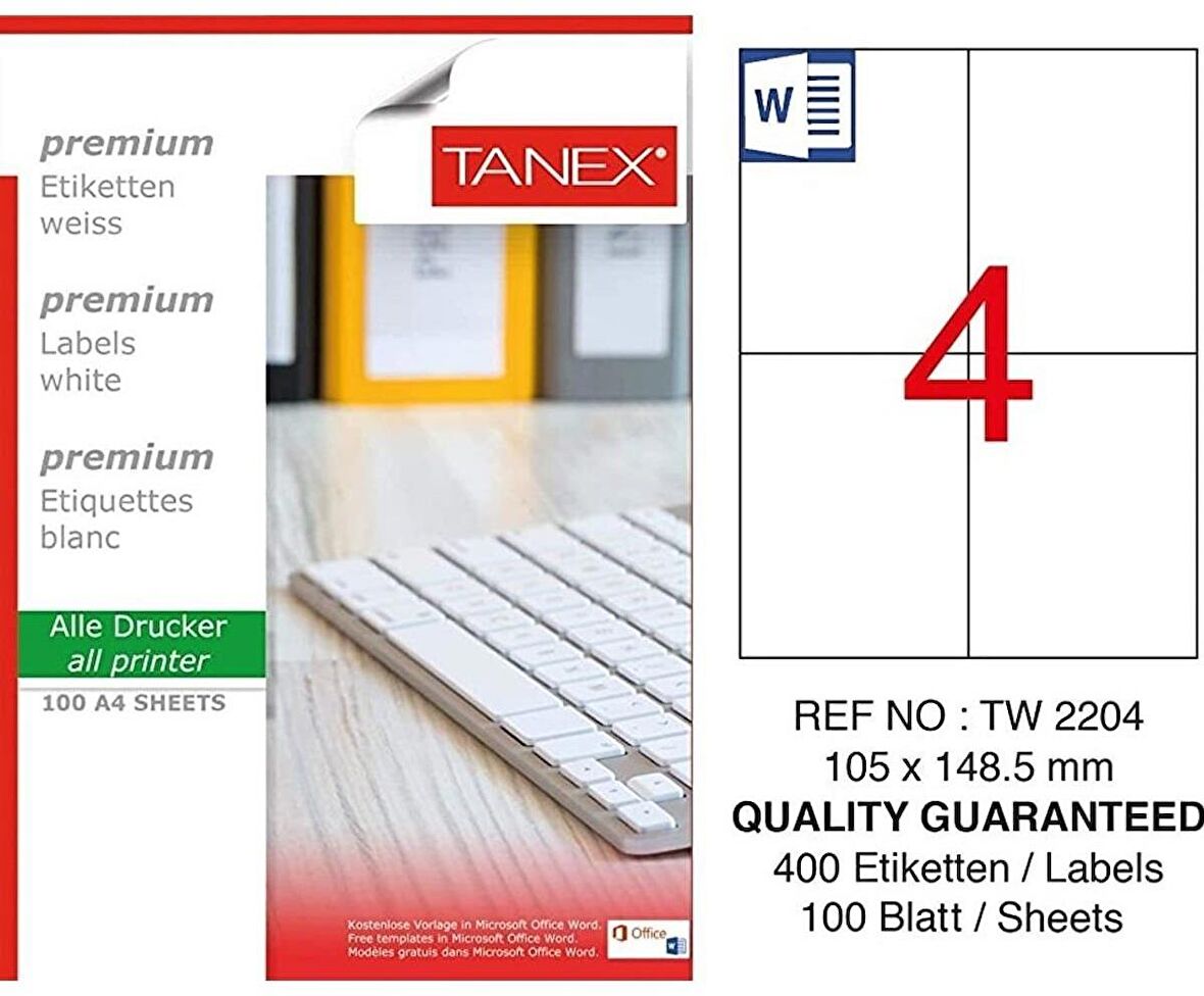 Bilgisayar Etiketi Tw-2204 105x148,50 mm 100 Lü Lazer Etiket 1 Paket Tanex Davetiye Kargo Etiketi