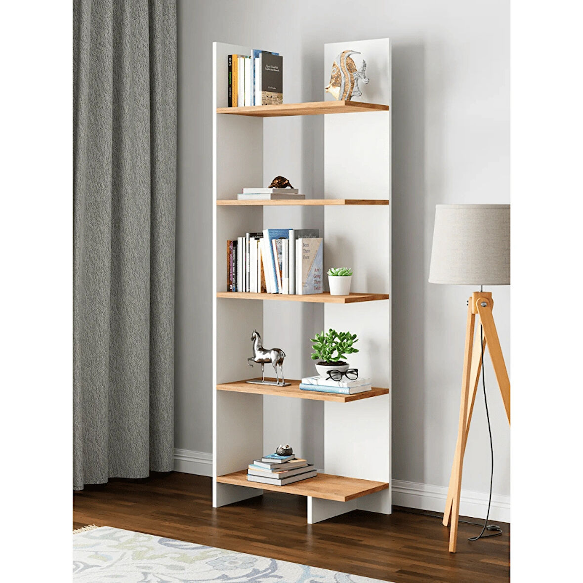 Reyo Asimetrik Beş Raflı Kitaplık KT3 Beyaz - Atlantik Çam
