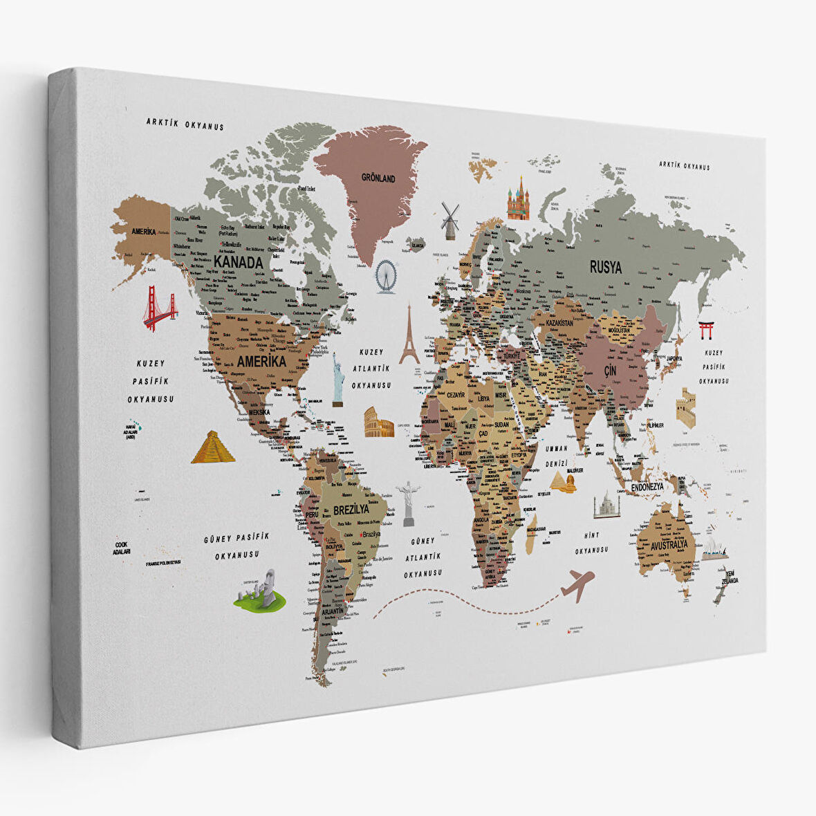 Harita Sepeti Türkçe Dünya Haritası Son Derece Ayrıntılı Eğitici ve Sembollü Kanvas Tablo 3226