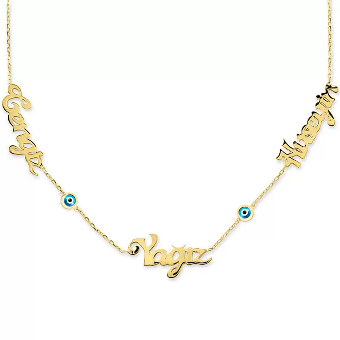 Üç İsim Nazar Boncuk Detaylı Altın Kolye