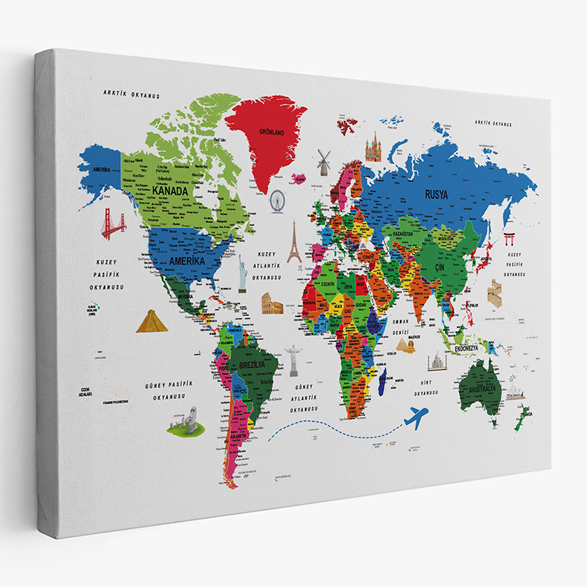 Harita Sepeti Türkçe Dünya Haritası Son Derece Ayrıntılı Eğitici ve Sembollü Kanvas Tablo 3228