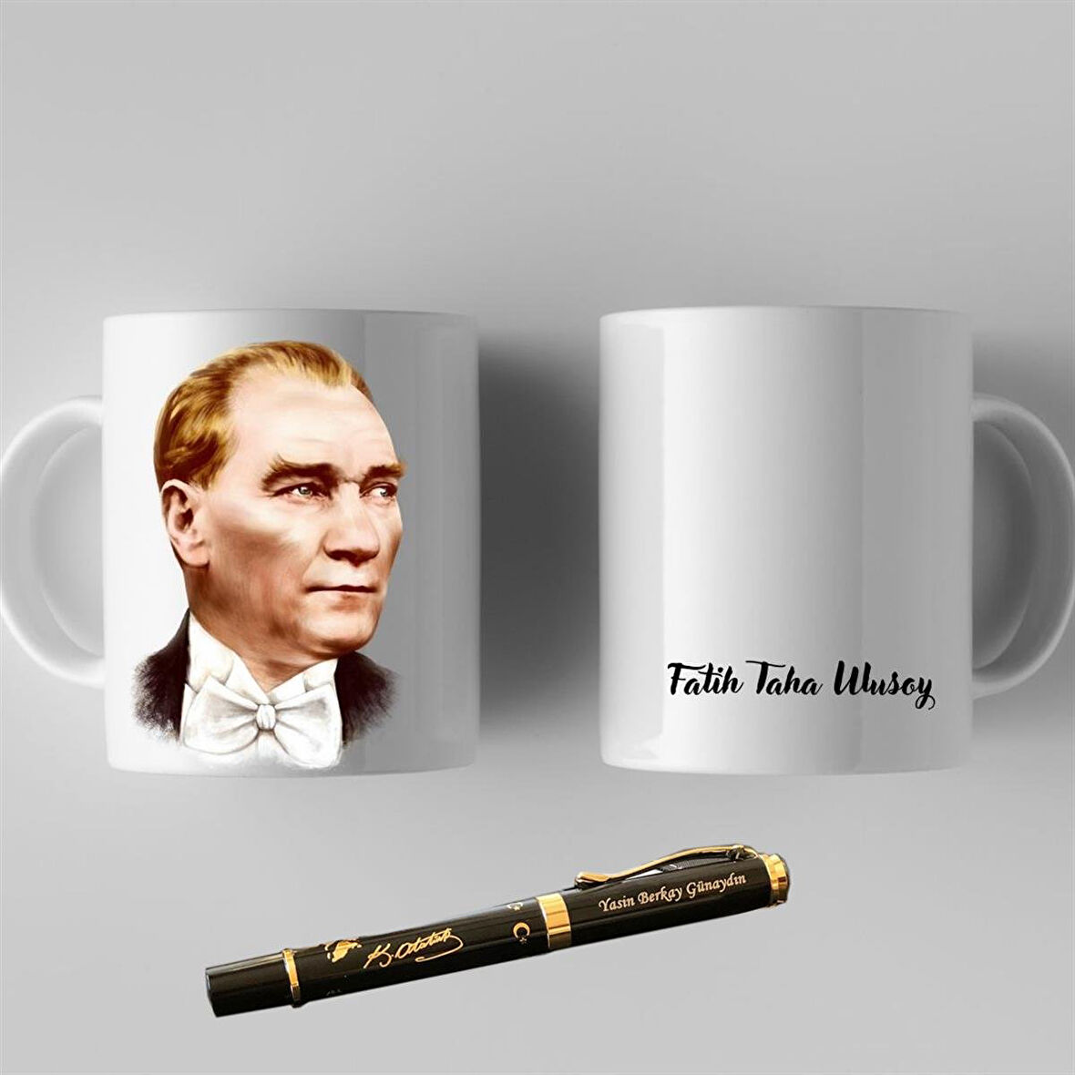 Kişiye Özel Mustafa Kemal Atatürk Resimli Kupa Bardak ve Kalem Hediye Seti