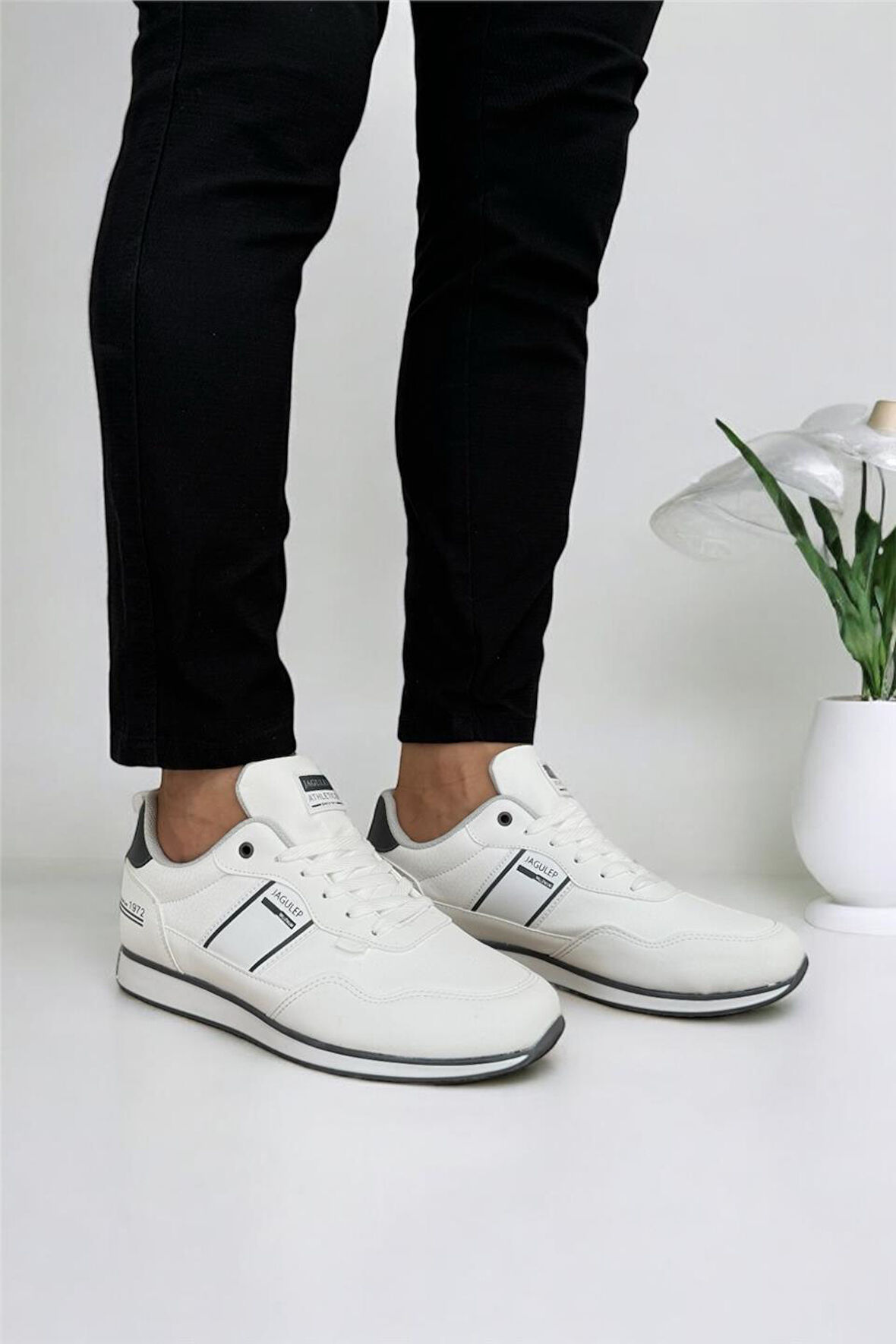 Erkek Cilt Bağcıklı Günlük Spor Ayakkabı  BEYAZ - FÜME