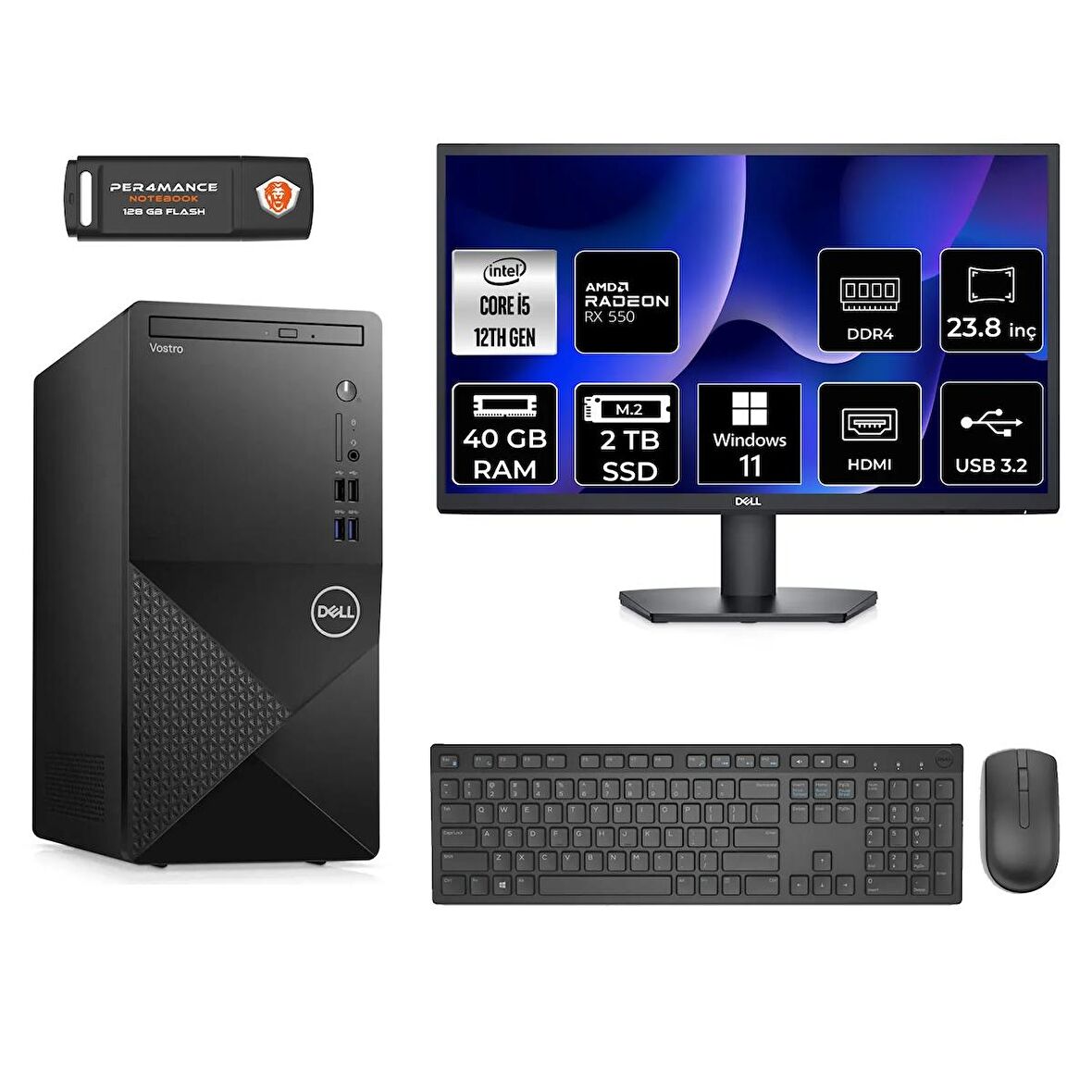 Dell Vostro 3910MT i5 12400 40GB 2TB SSD RX550/4GB W11P N7519VDT3910 & MASAÜSTÜ PC & 23.8" MONİTÖR