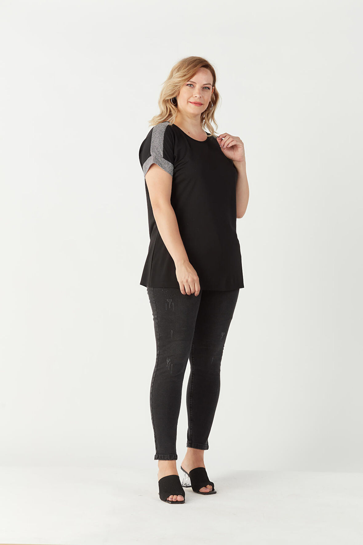 3236 Parlak Omuz Detaylı Esnek Büyük Beden Şık Bluz Siyah