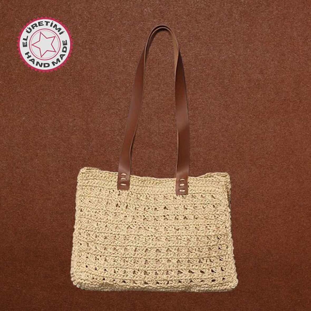 Uretti - Hüsniye 8494 6119 El Örgüsü Bej Kağıt İp Kadın Omuz Çantası
