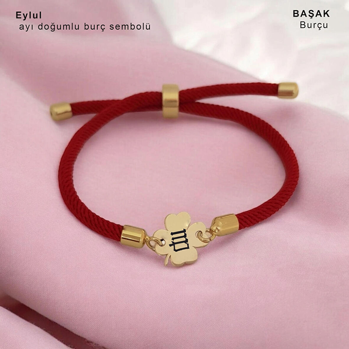 Örgülü Çiçek Motifli Bayanlara 14 Ayar Altın Plakalı Eylül Ayına Özel Bileklik-324doğumay-kırmızı
