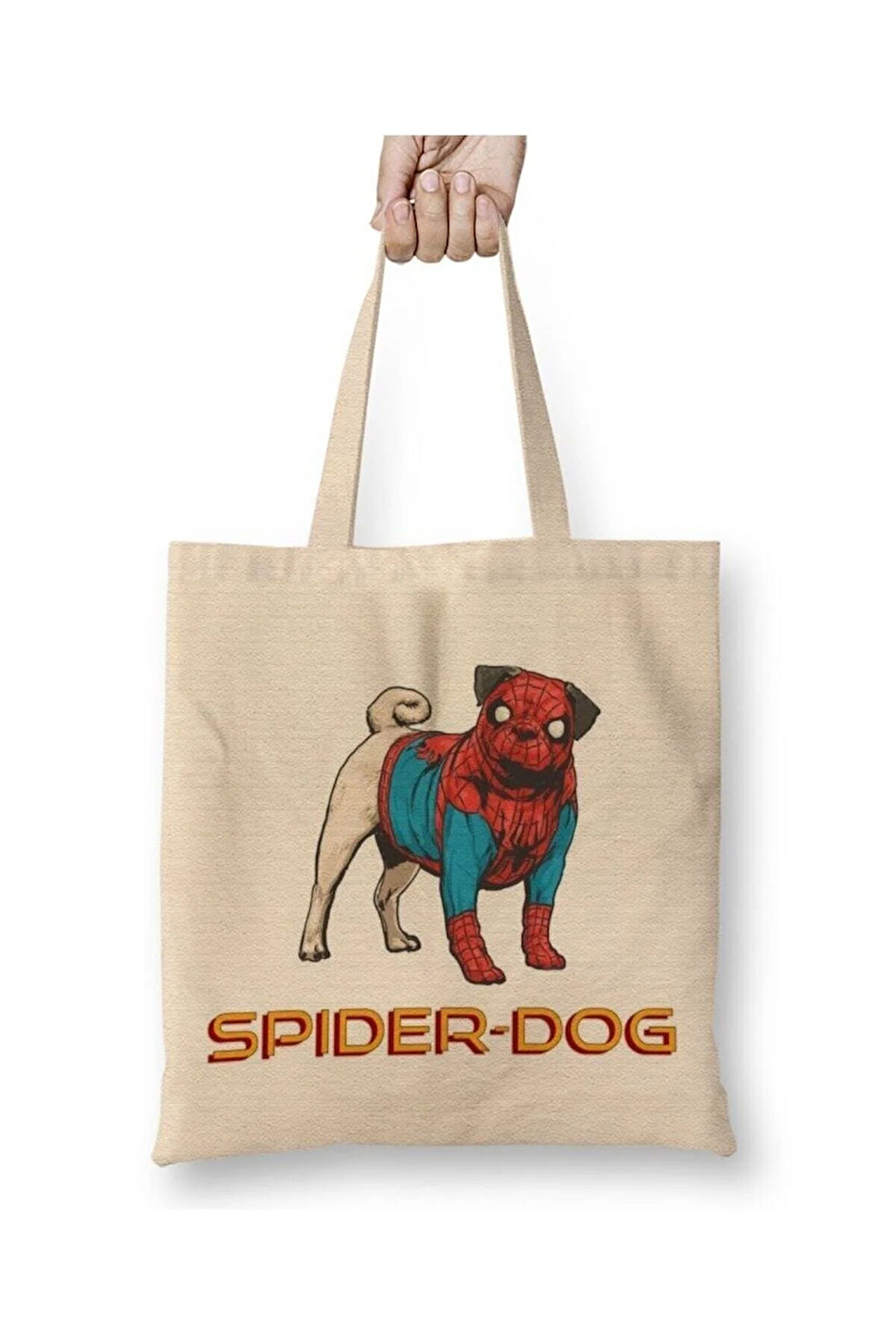 Spider Dog Pug Köpek Beyaz Bez Çanta Uzun Saplı Alışveriş Çantası Plaj Çantası