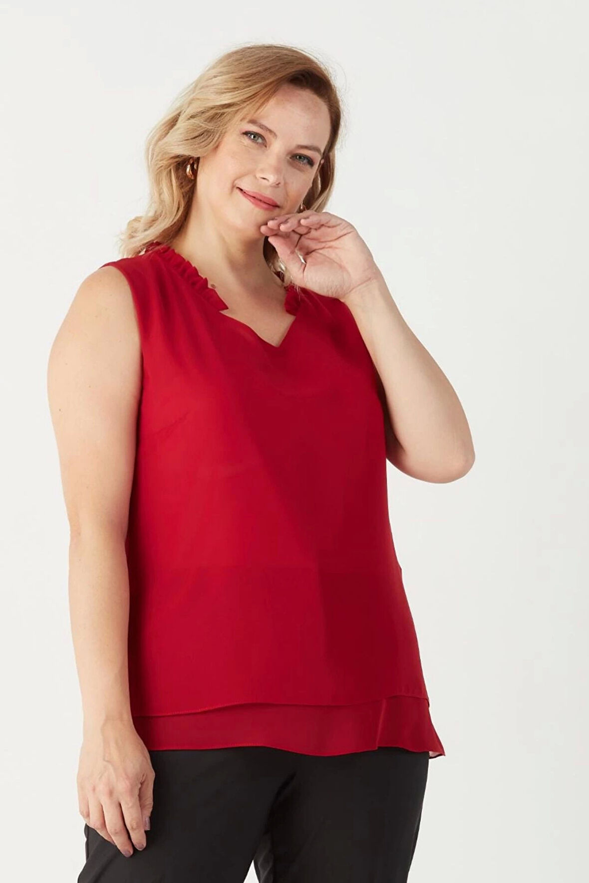 3241 Yaka Fırfırlı Kolsuz Büyük Beden Şık Bluz Mürdüm