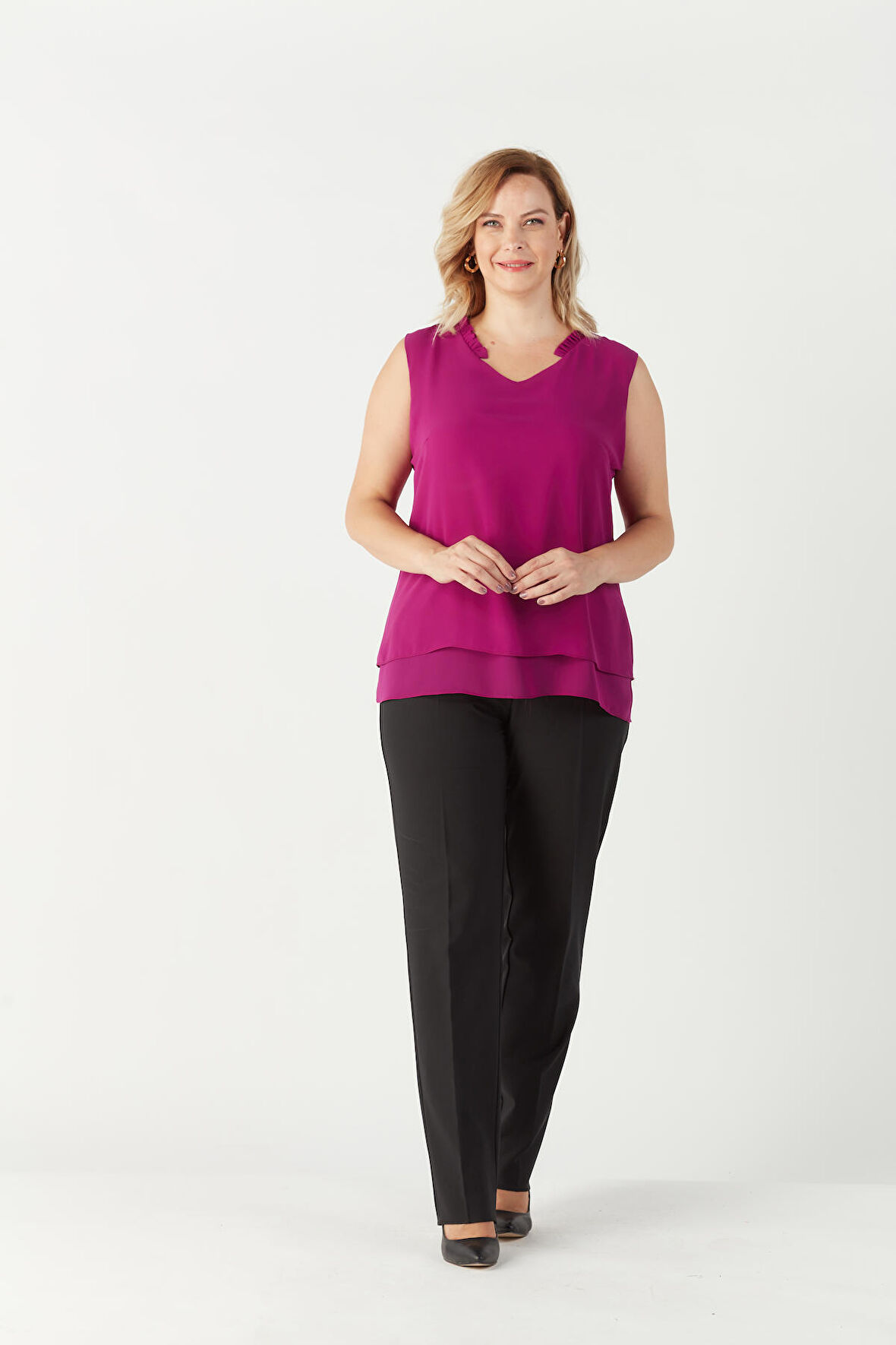 3241 Yaka Fırfırlı Kolsuz Büyük Beden Şık Bluz Violet