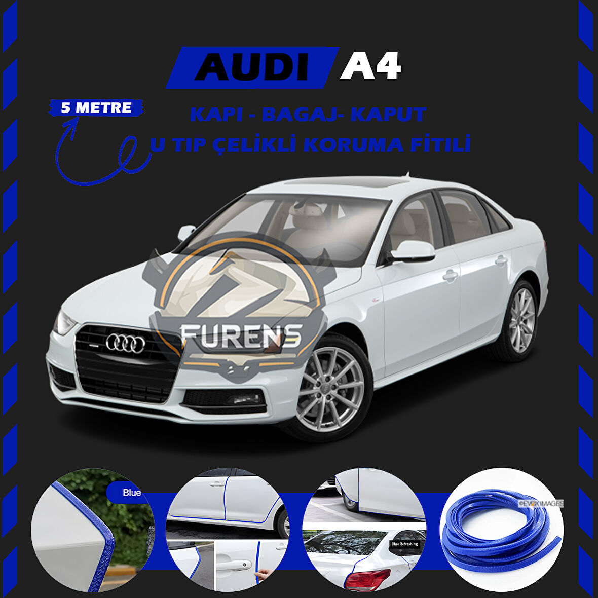 Audi A4 Oto Araç Kapı Koruma Fitili 5metre Parlak Mavi Renk
