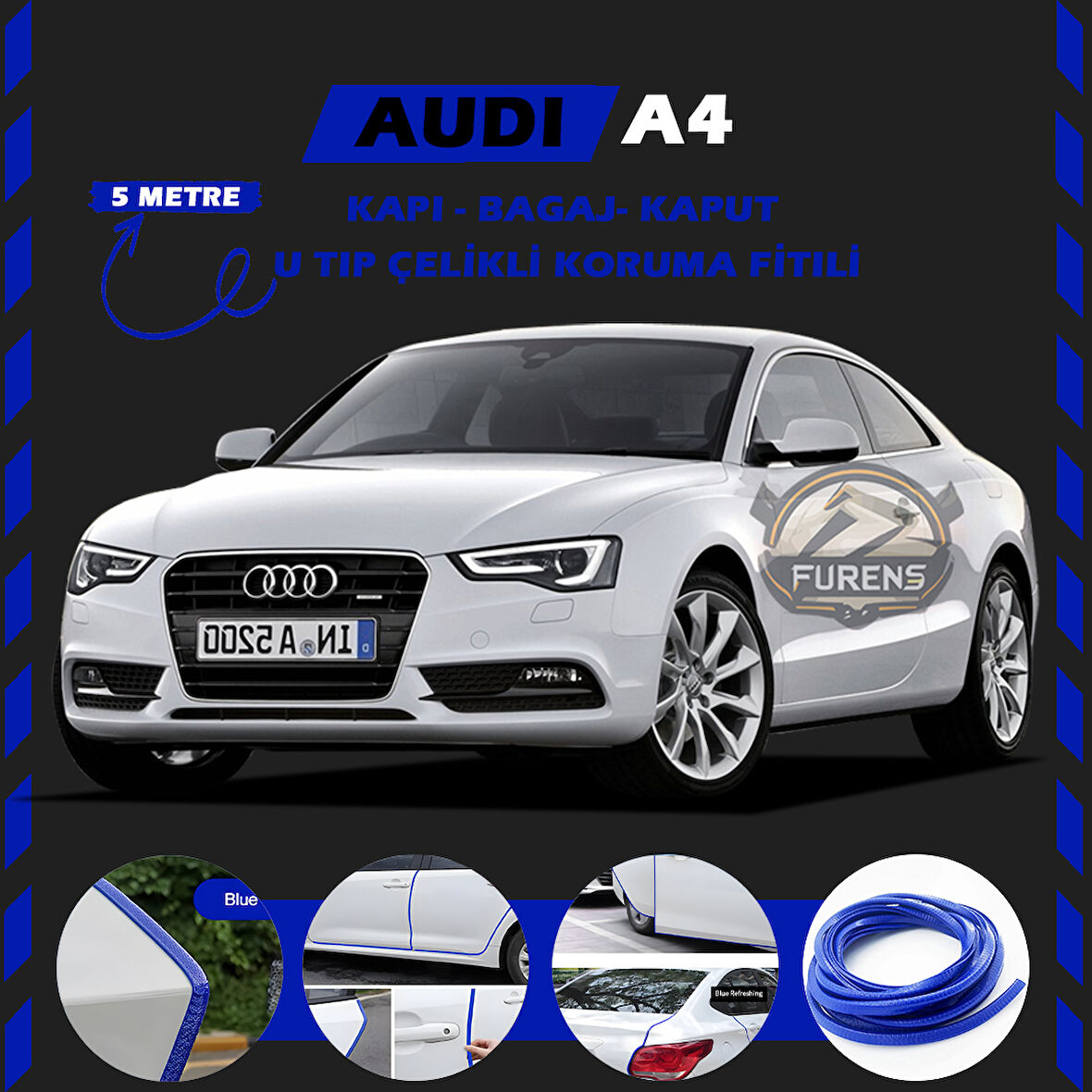 Audi A5 Oto Araç Kapı Koruma Fitili 5metre Parlak Mavi Renk