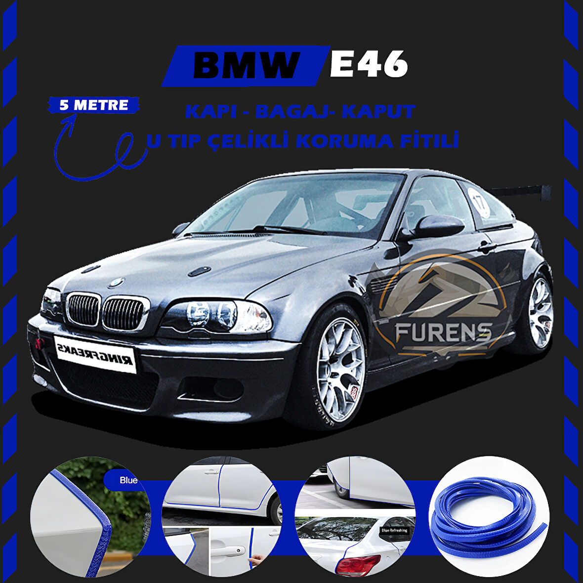 Bmw E46 Oto Araç Kapı Koruma Fitili 5metre Parlak Mavi Renk