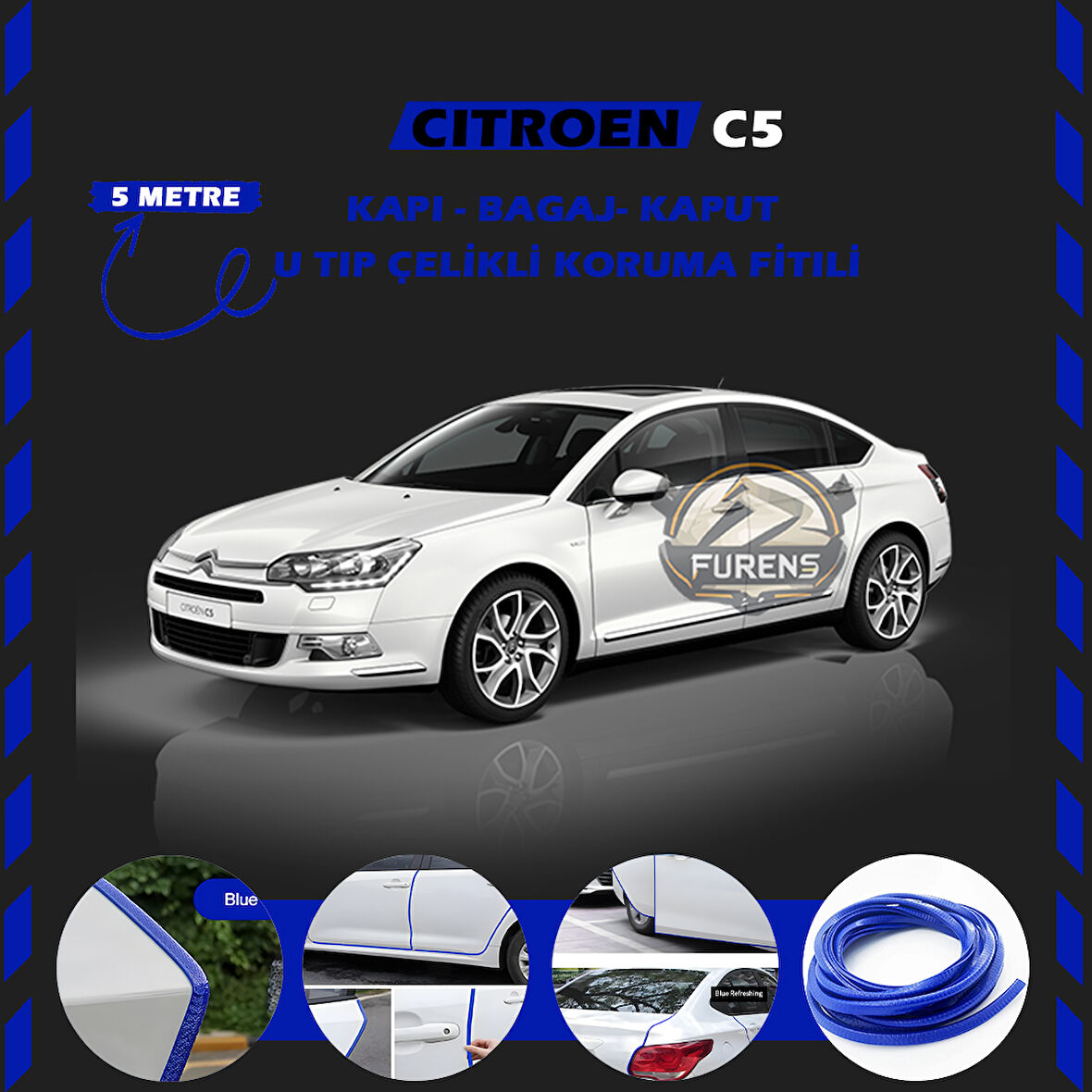 Citroen C5 Oto Araç Kapı Koruma Fitili 5metre Parlak Mavi Renk