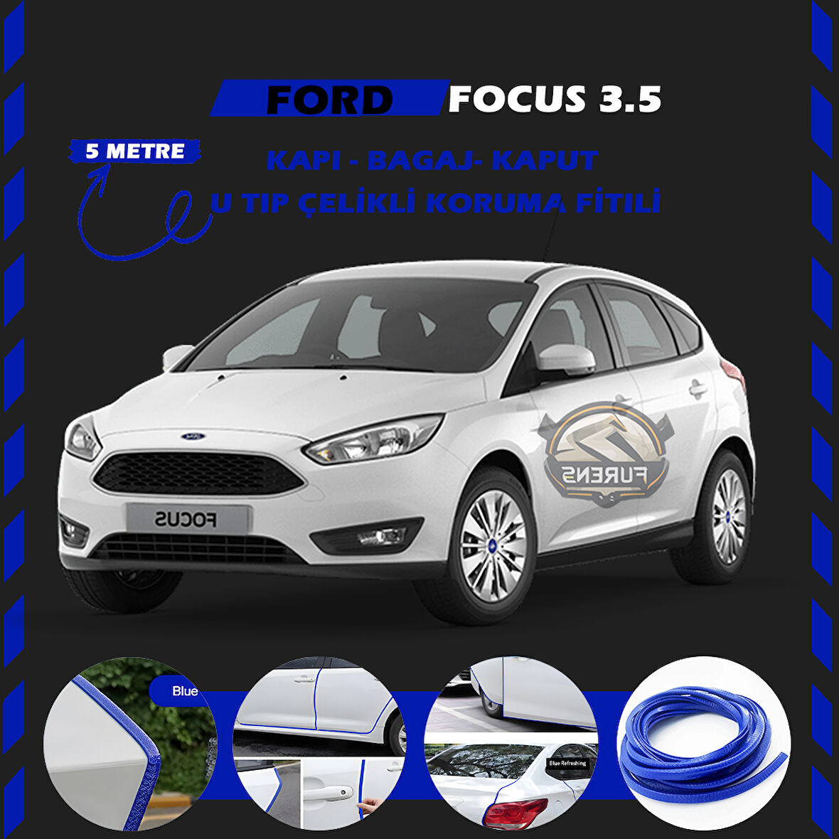 Ford Focus 3.5 Oto Araç Kapı Koruma Fitili 5metre Parlak Mavi Renk