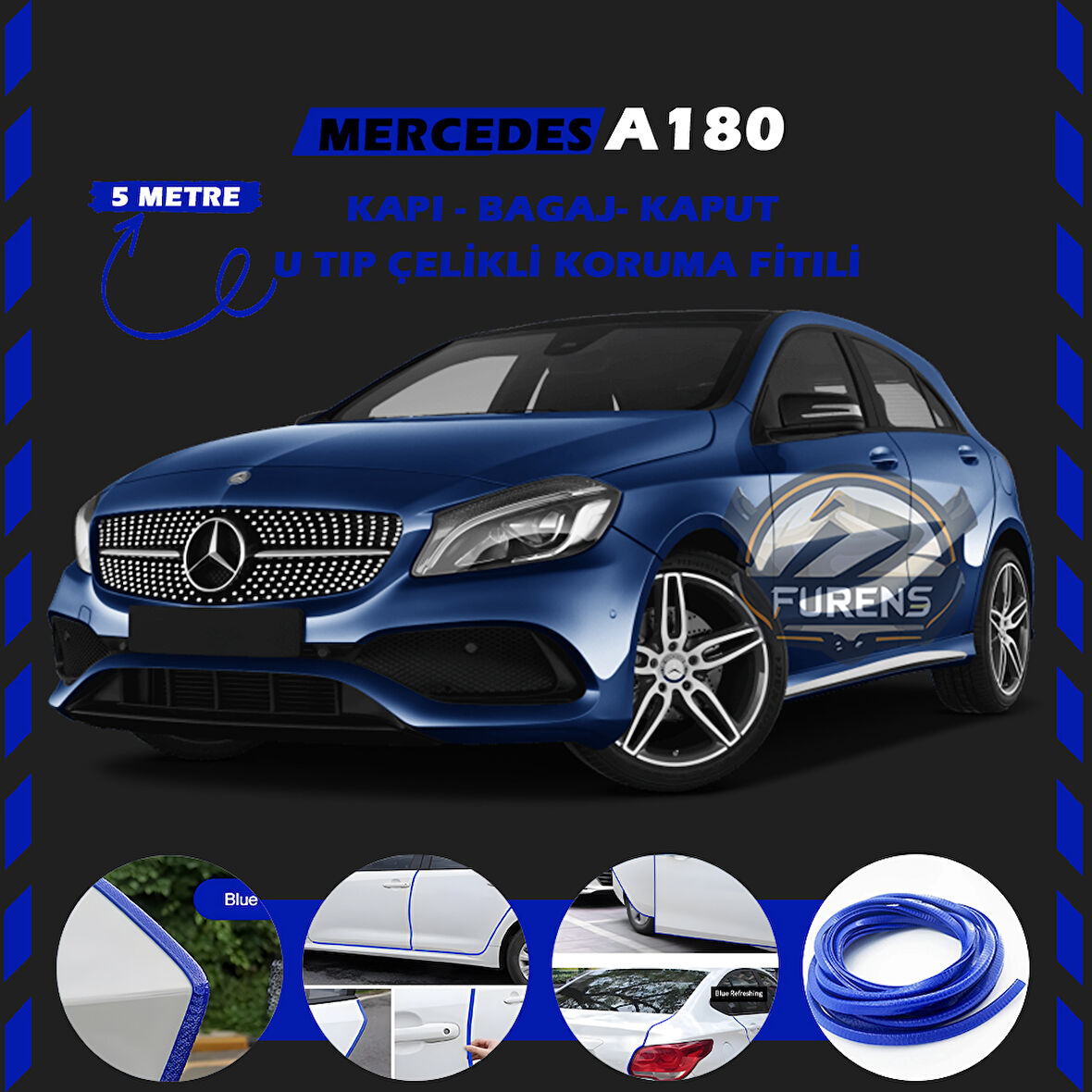 Mercedes A180 Oto Araç Kapı Koruma Fitili 5metre Parlak Mavi Renk