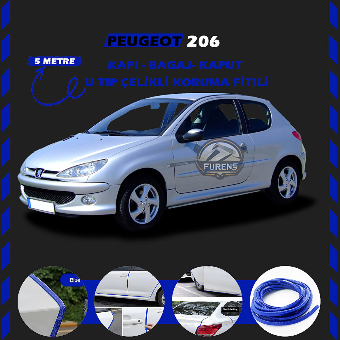 Peugeot 206 Oto Araç Kapı Koruma Fitili 5metre Parlak Mavi Renk