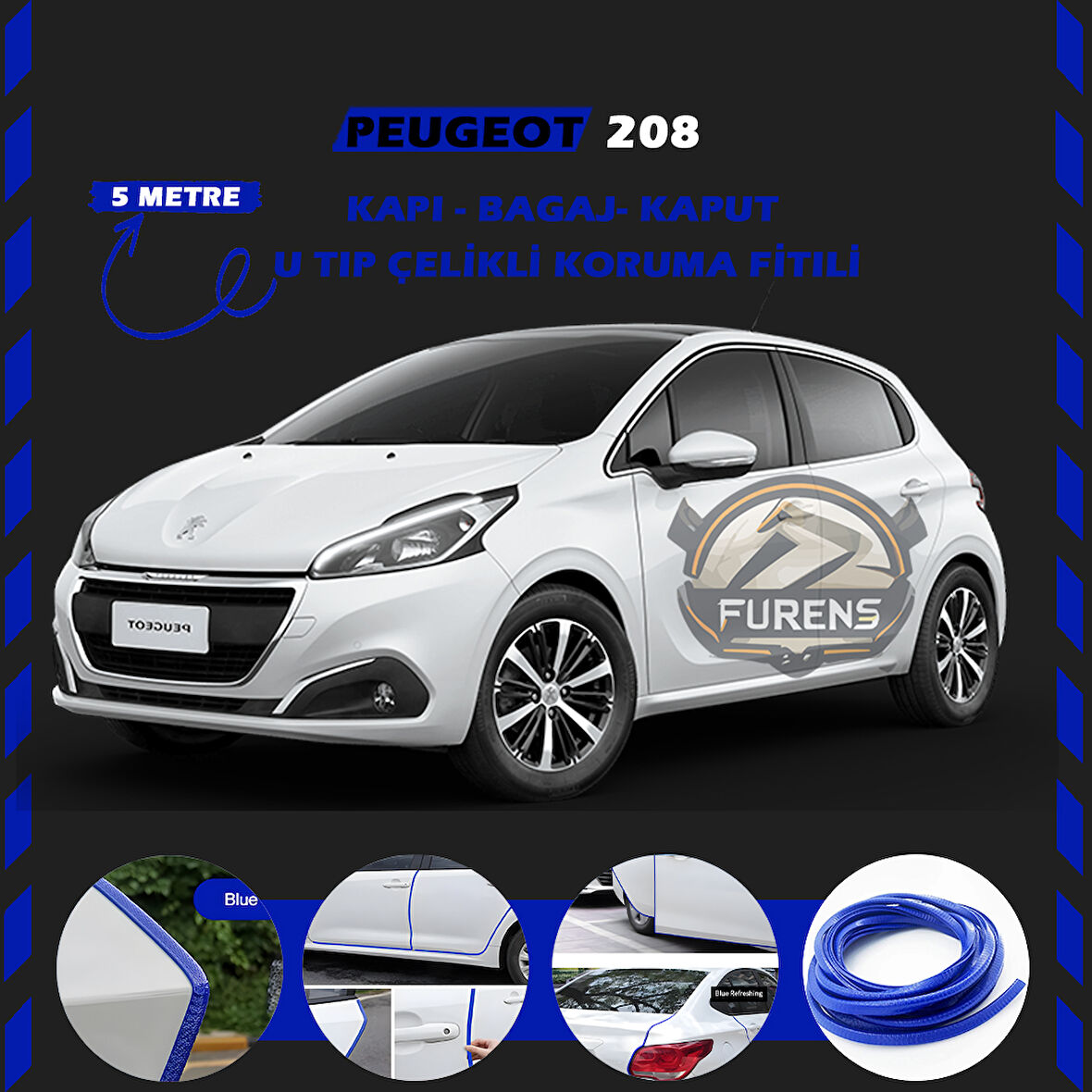 Peugeot 208 Oto Araç Kapı Koruma Fitili 5metre Parlak Mavi Renk