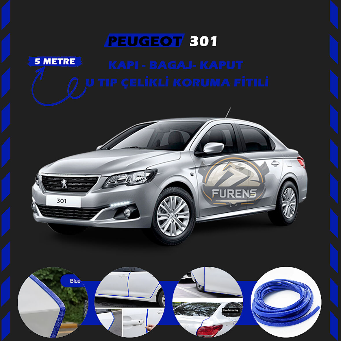 Peugeot 301 Oto Araç Kapı Koruma Fitili 5metre Parlak Mavi Renk