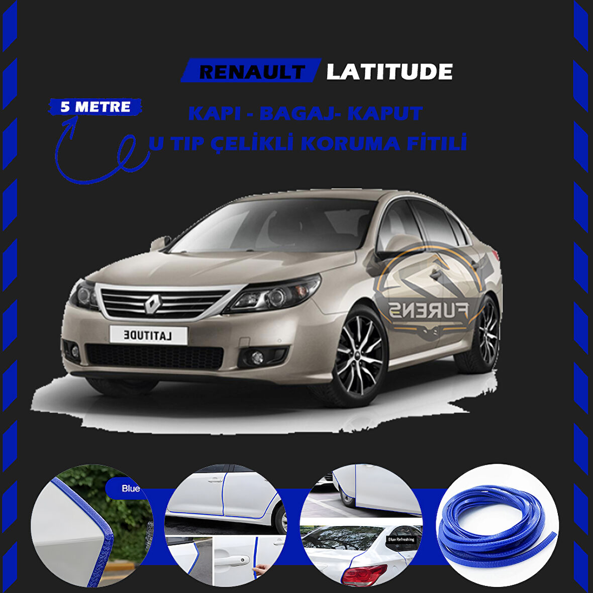 Renault Latitude Oto Araç Kapı Koruma Fitili 5metre Parlak Mavi Renk