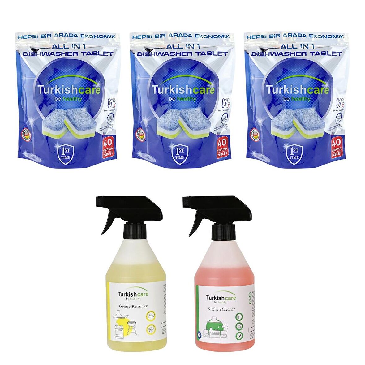 Turkishcare Bulaşık Makinesi Tableti 40 lı x 3 Ad + Yağ ve Mutfak Temizleme Spreyi  500 ml x 2 Adet 