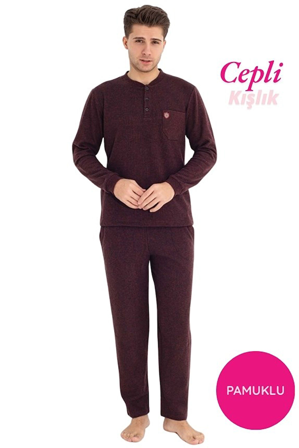 Erkek 3 Düğme Göğüs Cepli Kışlık Pamuklu Selanik Kumaş Uzun Manşetli Kol Cepli Pijama Takımı