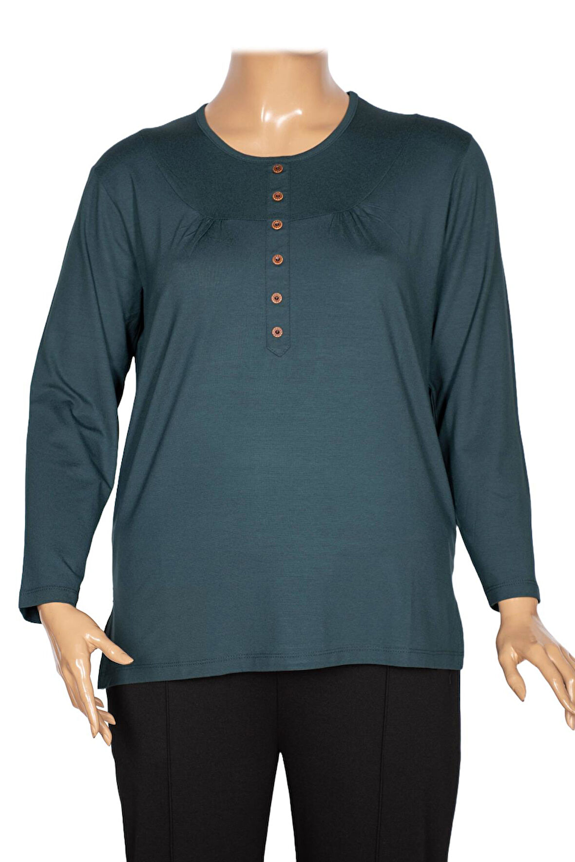 Cimariva Kadın Arsu Büyük Beden Robalı Süs Düğmeli Koyu Turkuaz Bluz