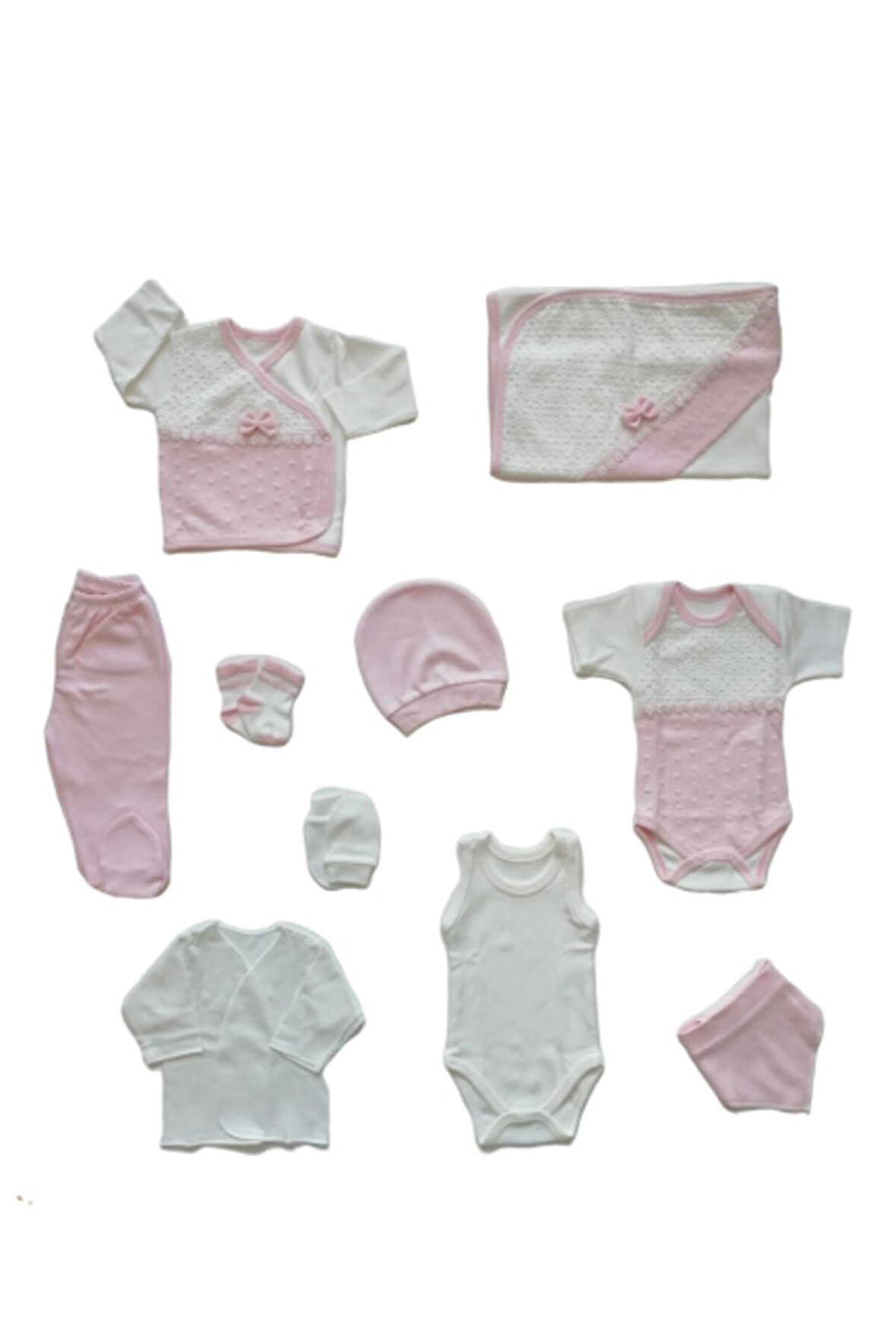Kız Bebek Pembe Baby Fiyonklu Dantelli Lüks 10'lu Hastane Çıkışı