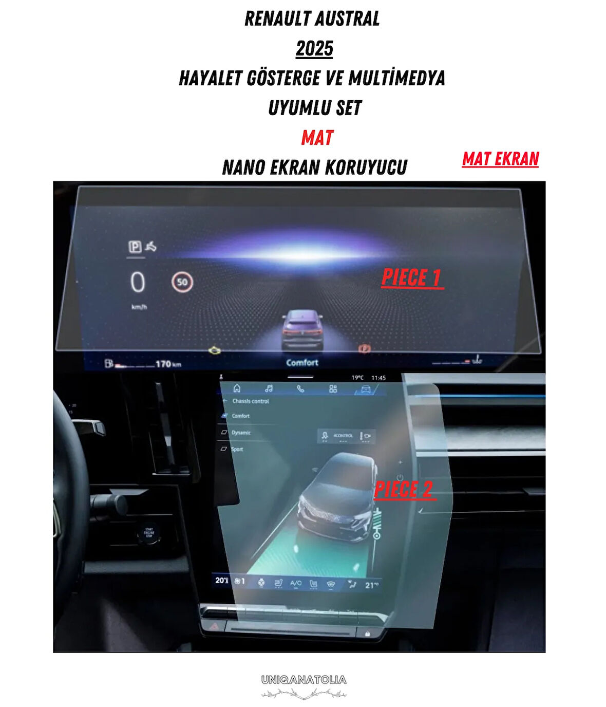 Renault Austral 2025 Hayalet Gösterge ve Multimedya Uyumlu Set Mat Ekran Koruyucu