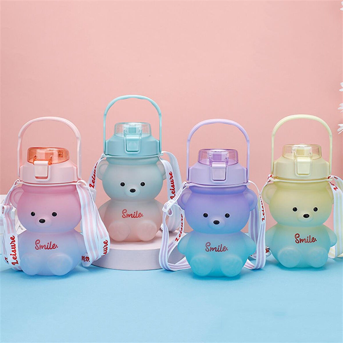 Ayıcık Motivasyon Renkli Akrilik Matara Suluk sticker  Pipetli