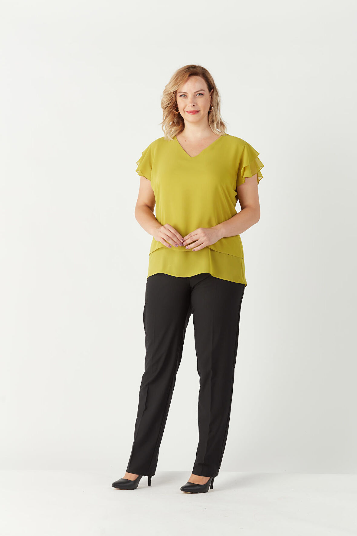 3249 Omuz Fırfırlı Şifon Büyük Beden Şık Bluz Yağyeşili