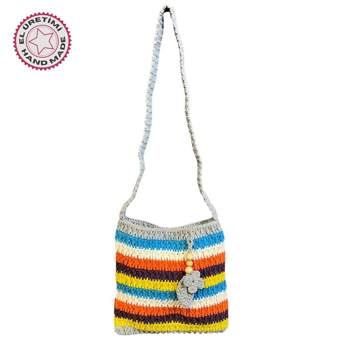 Uretti - Emine 9106 El Örgüsü Ahşap Boncuk Detaylı Renkli Çizgili Model Omuz Çantası