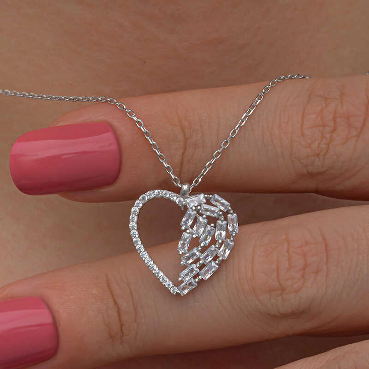 himarry 925 Ayar Gümüş Baget Taşlı Kalp Kadın Kolye