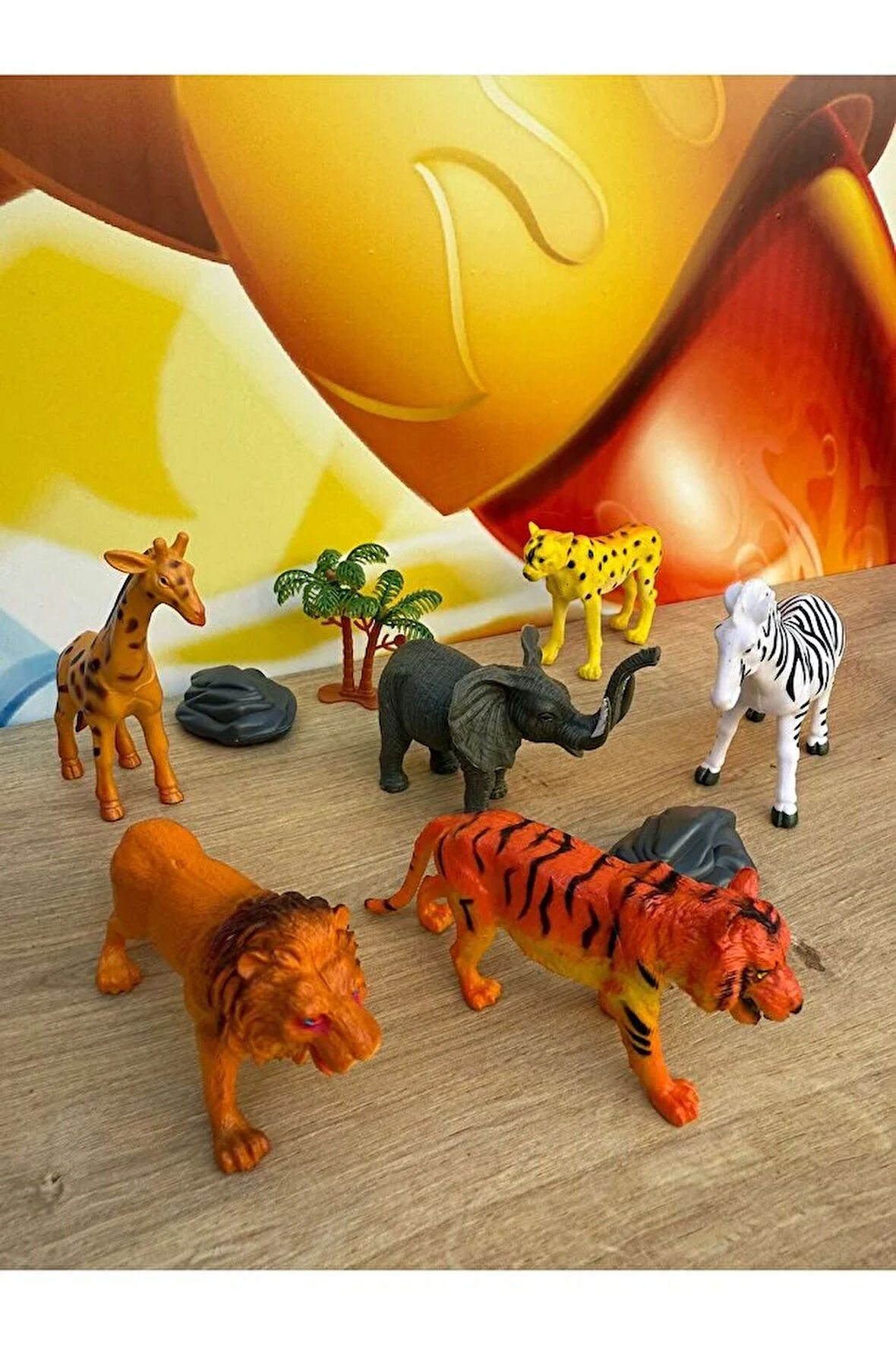 Vahşi Hayvanlar 6'lı Set Fil, Zürafa, Çita, Aslan, Zebra, Kaplan Oyuncak Hayvan 3 Adet Aksesuarlı