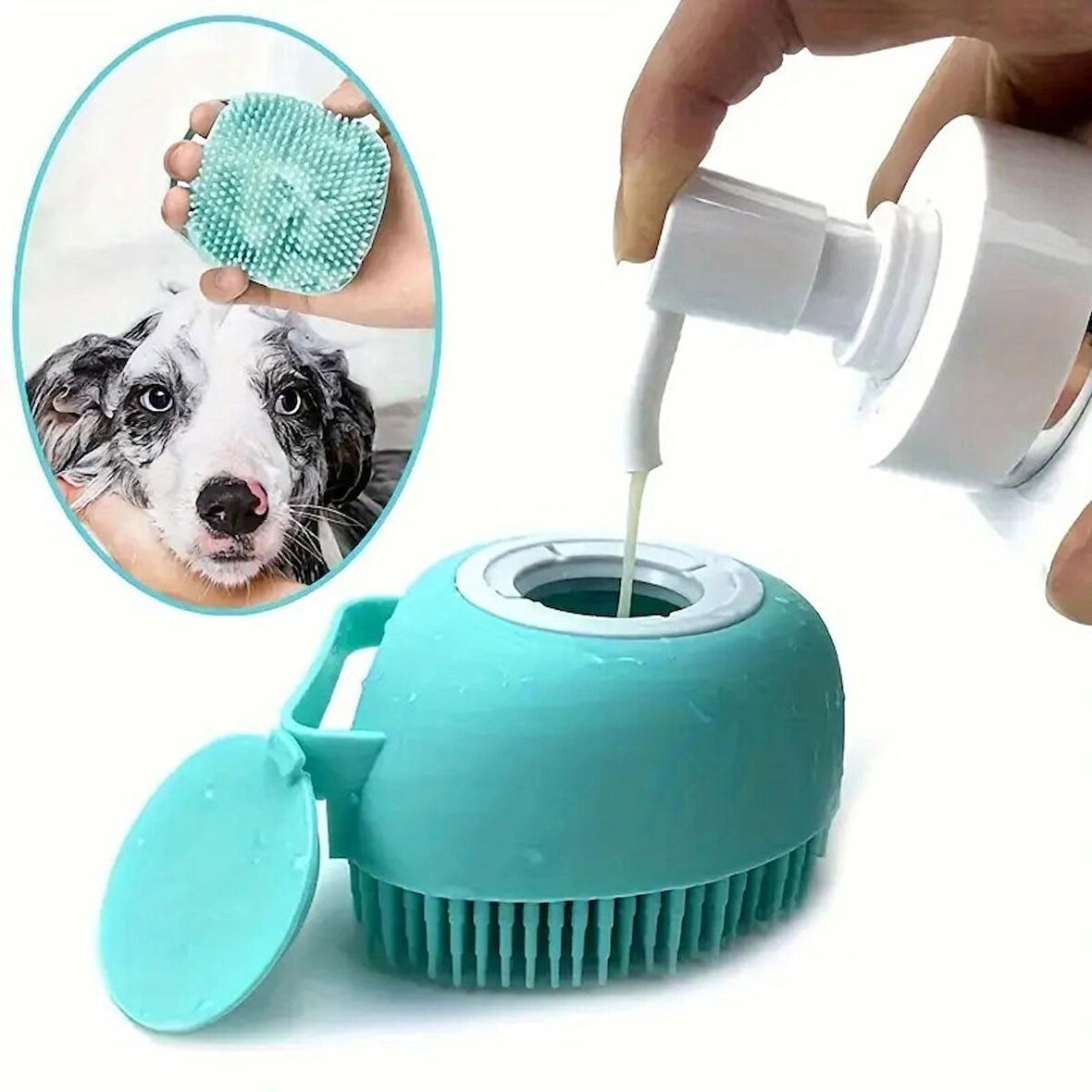 Şampuan Hazneli Silikon Evcil Hayvan Fırçası – Kedi & Köpekler İçin Masajlı Banyo Tarağı, Pil Gerektirmez