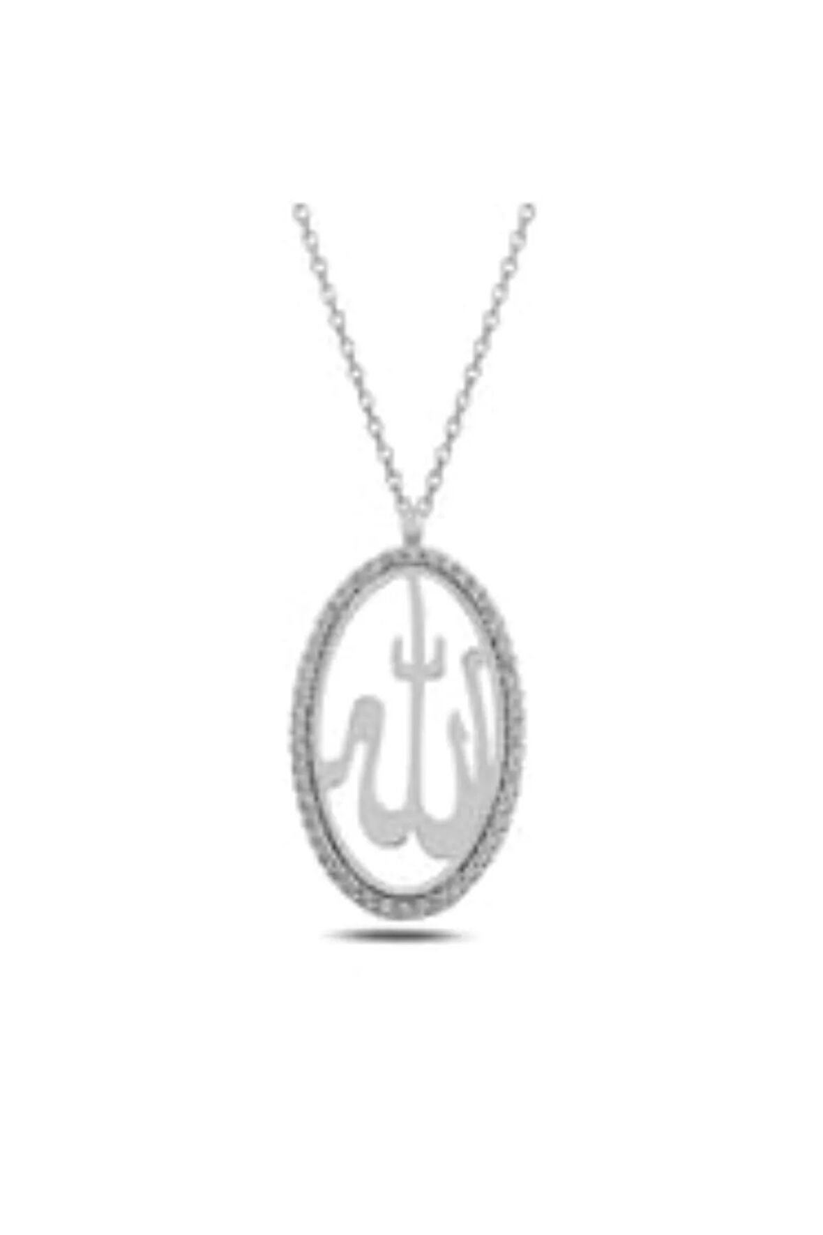 Gümüş Kolye - Allah Yazılı Oval Şekilli Şık İşleme Kadın Kolye