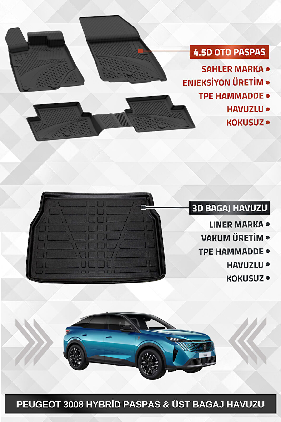 Sahler Peugeot 3008 2024+ Uyumlu 4.5d Premium Havuzlu Oto Paspas ve Liner Marka 3D ÜST Bagaj Havuzu
