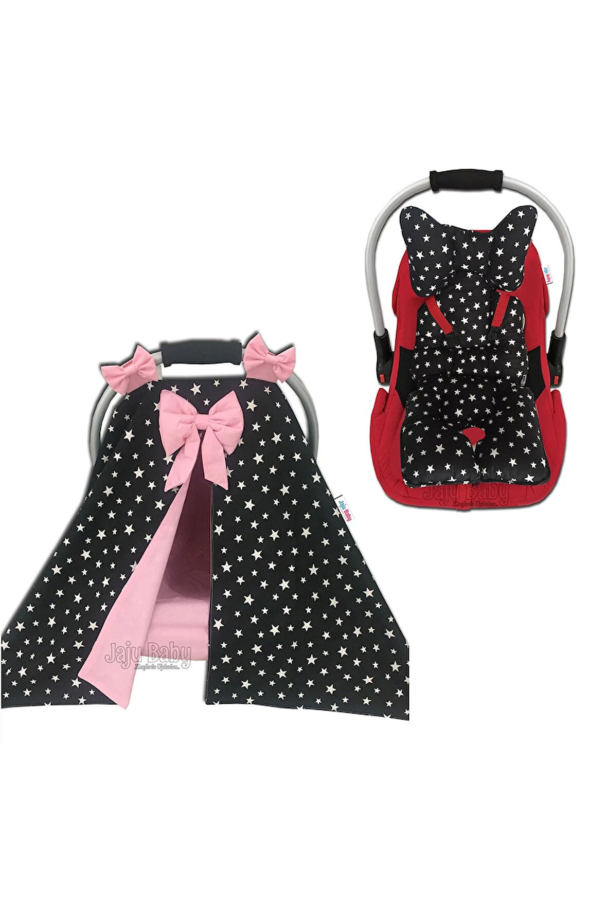 Siyah Yıldızlı Puset Örtüsü Çarşaf Ve Puset Minderi 3'lü Set