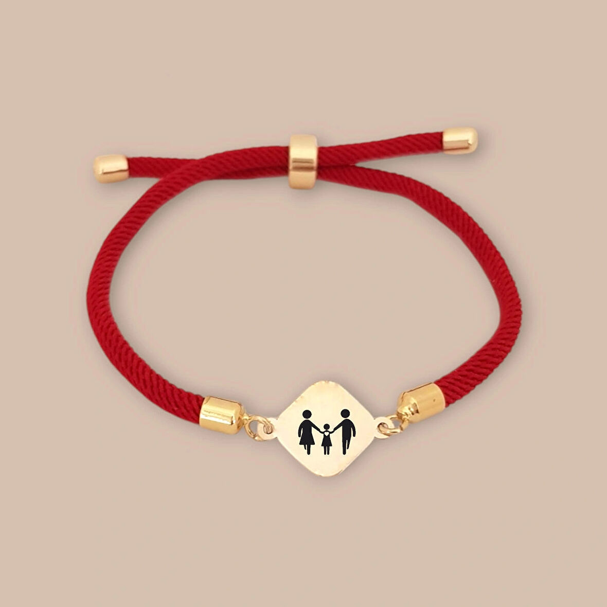 Eşkenar Dörtgen Motifli Bayanlara 14 Ayar Altın Plakalı Örgülü Aile Bilekliği-326sembol-kırmızı