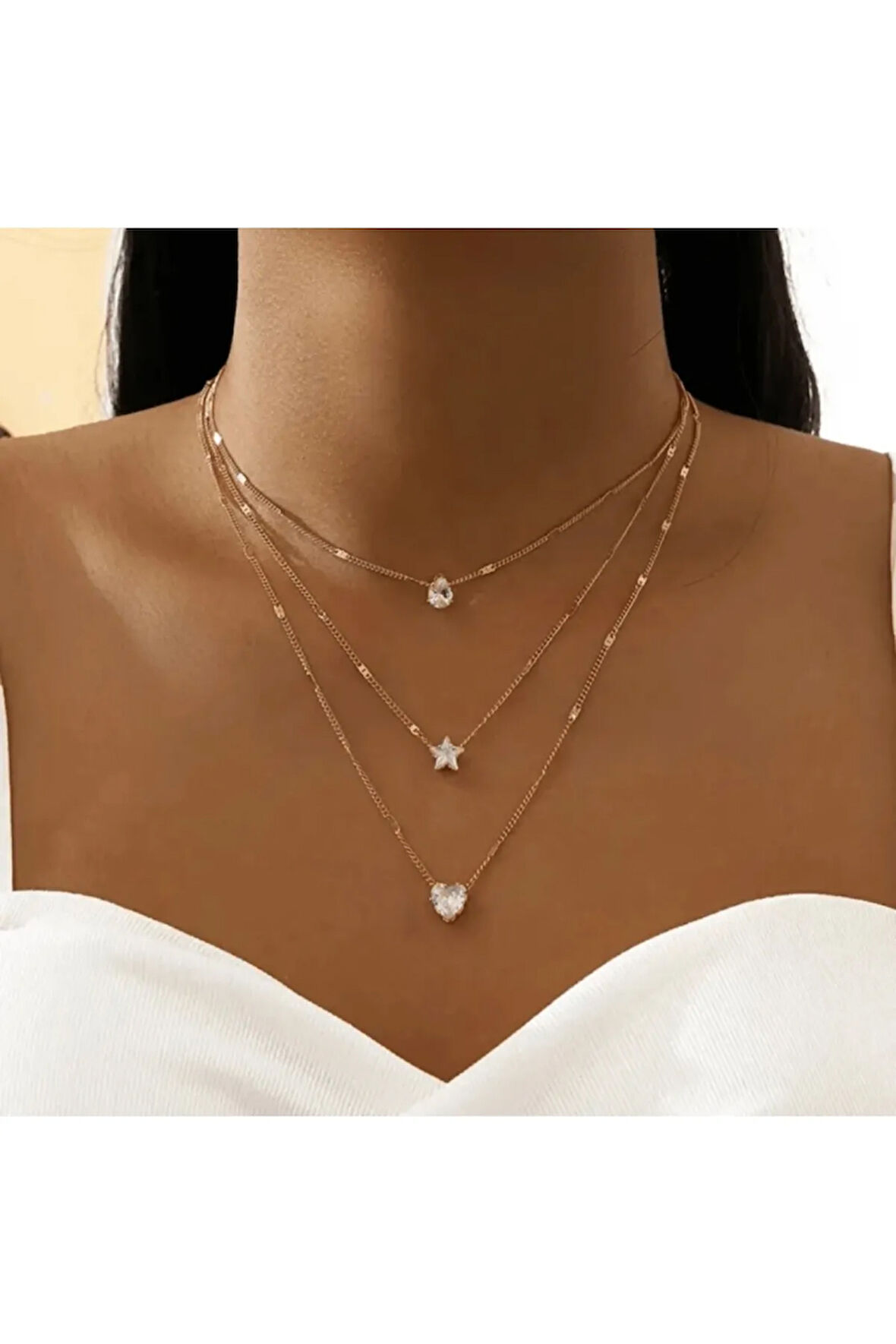 Kalp Damla 3 lü Kolye Seti Taşlı Kalp Yıldız Kolye Seti