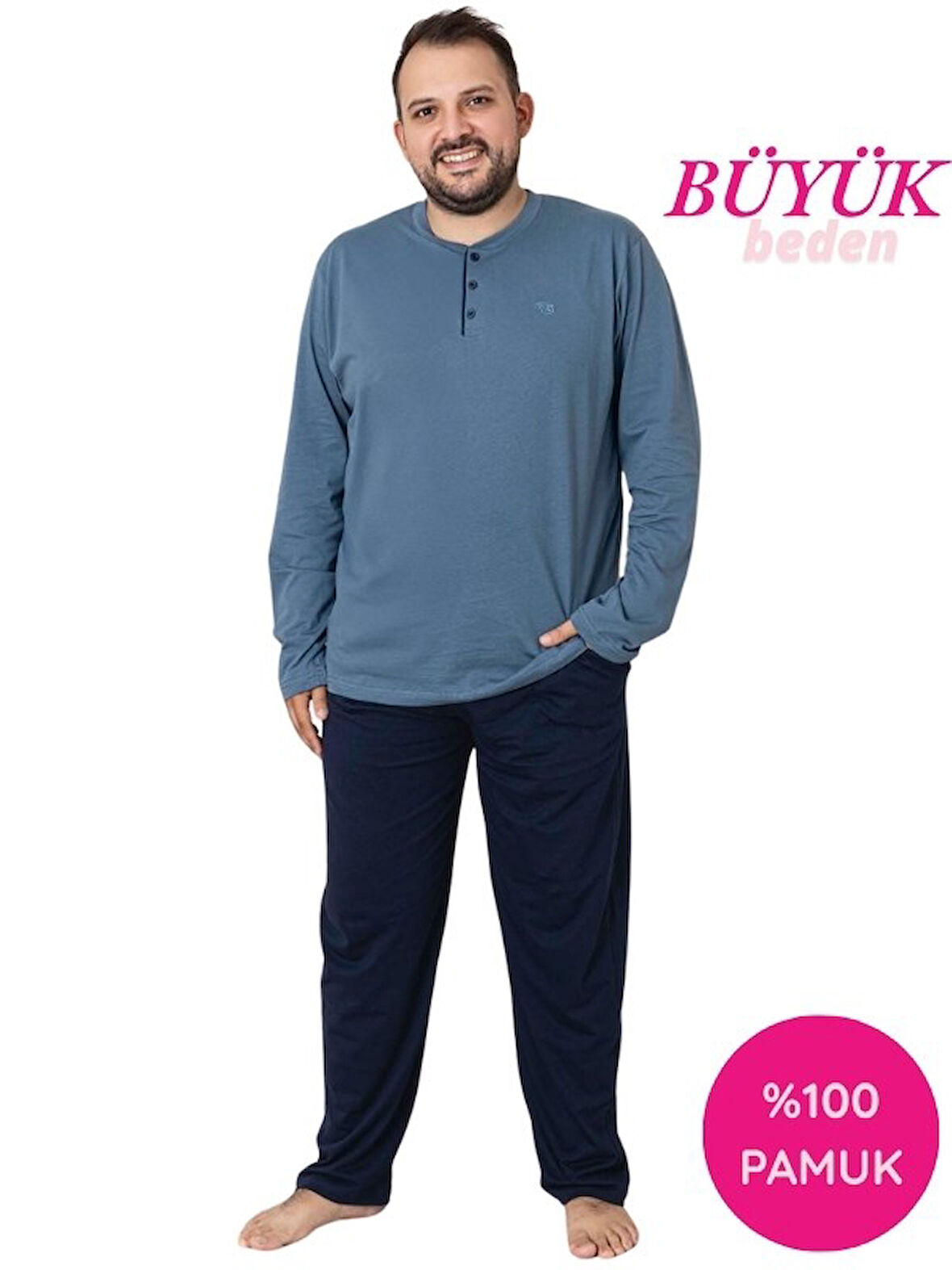 Erkek Füme Lacivert Büyük Beden 3 Düğmeli %100 Pamuk Mevsimlik Uzun Kollu Cepli Pijama Takımı