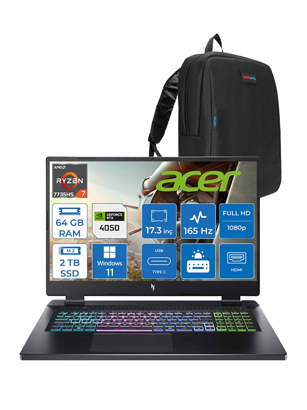 Acer Nitro 17 Amd Ryzen 7 7735HS 64GB Ddr5 2tb SSD RTX4050 140W 6gb 17.3" Fhd IPS 165HZ Windows 11 Pro Taşınabilir Bilgisayar NHQL1EY003P23 + Zetta Çanta