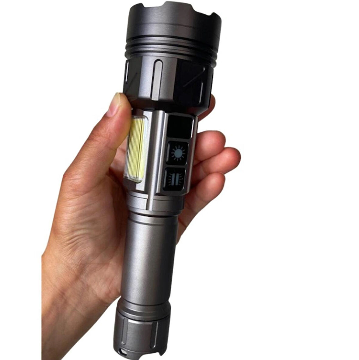 El Feneri Zoomlu Güçlü Aydınlatma 11 Farklı Modu Beyaz -Kırmızı-Mavi-Yeşil ve Çakarlı Metal Gövdeli