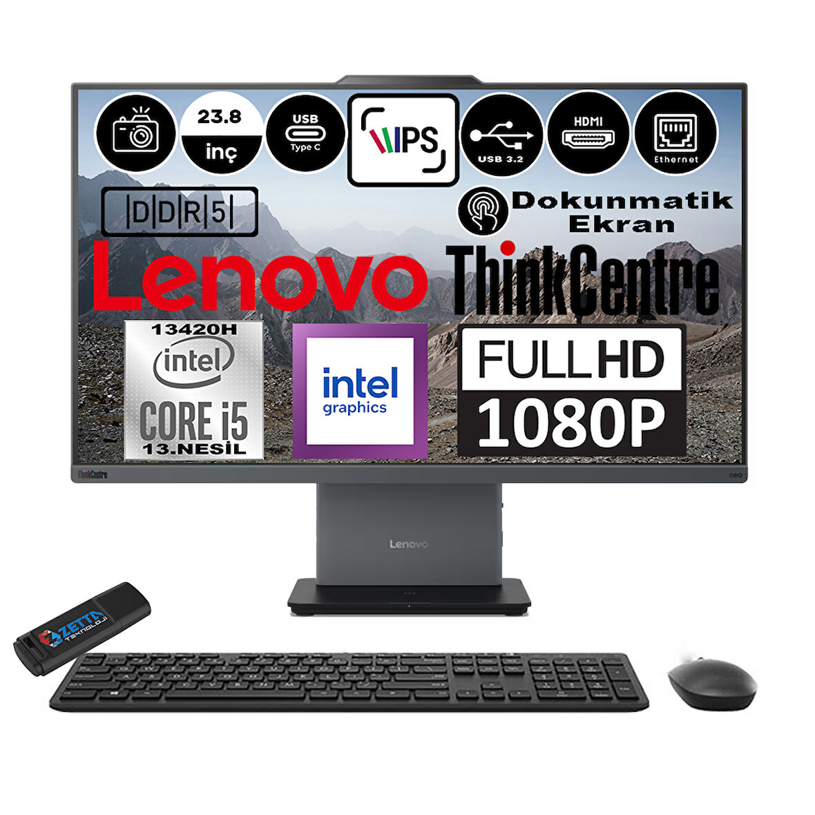 Lenovo Thinkcentre Neo 24 50A Gen5 Intel Core I5 13420H 32GB Ddr5 2tb SSD Freedos Intel® UHD Graphics 23.8" Dokunmatık Fhd All In One Bilgisayar 12SC001LTRF09 + Zetta Flash Bellek