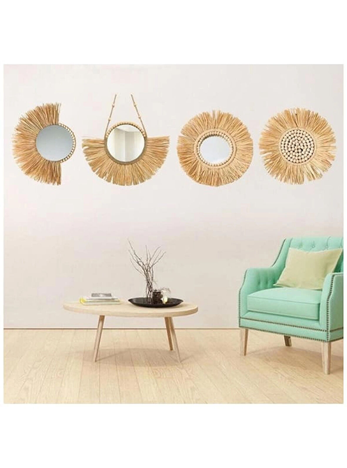 4lü Boncuklu Duvar Süsü Aynalı Rafya