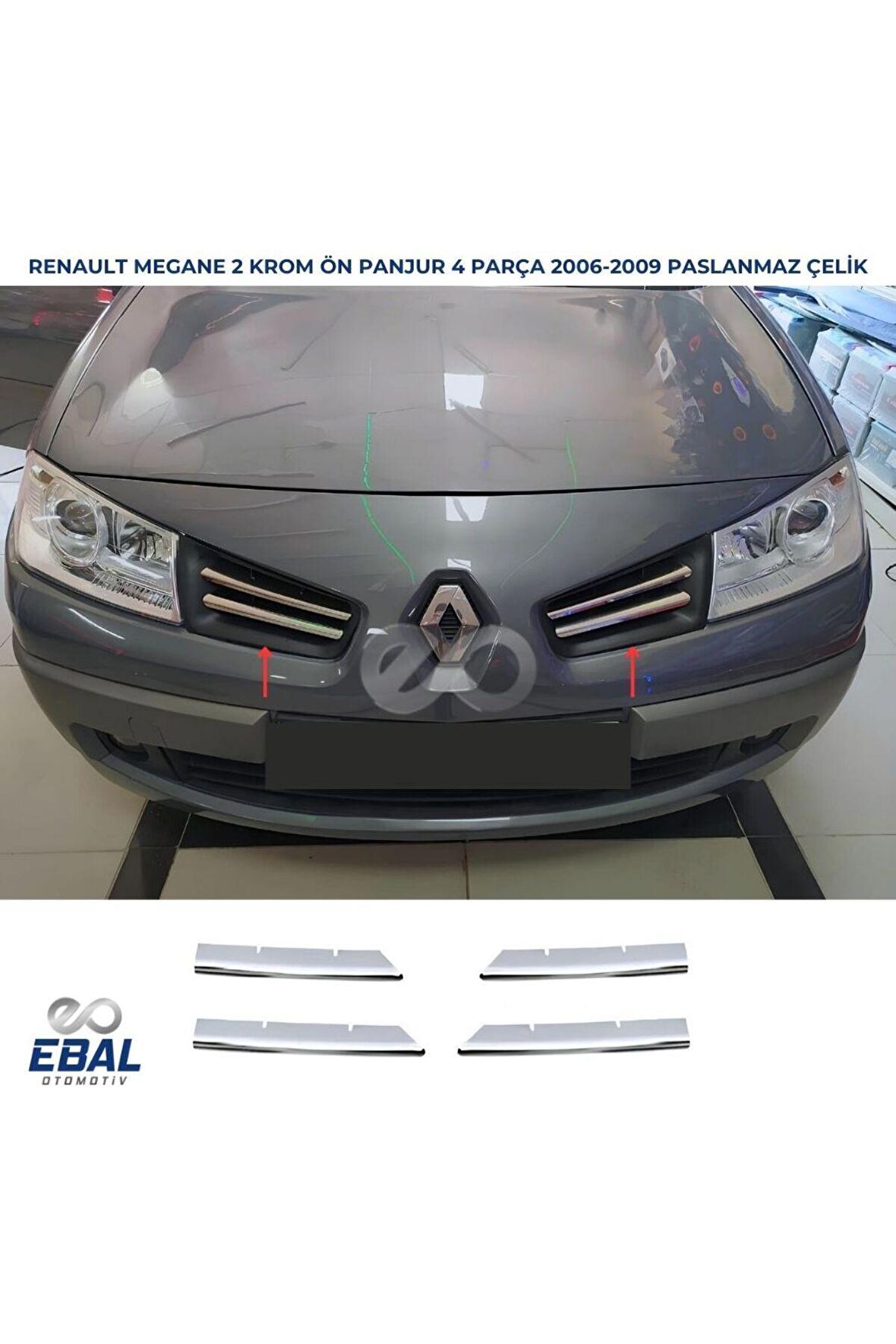 Renault Megane 2 Krom Ön Panjur 4 Parça 2006-2010 Arası P.Çelik