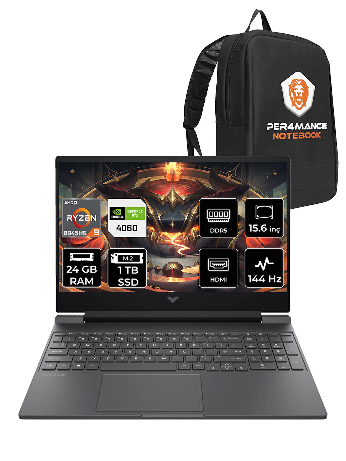 HP Victus 15 R9 8945HS 24GB RAM 1TB SSD RTX4060/8GB 144Hz 15.6'' FHD FDOS Gaming Laptop & PER4 ÇAN