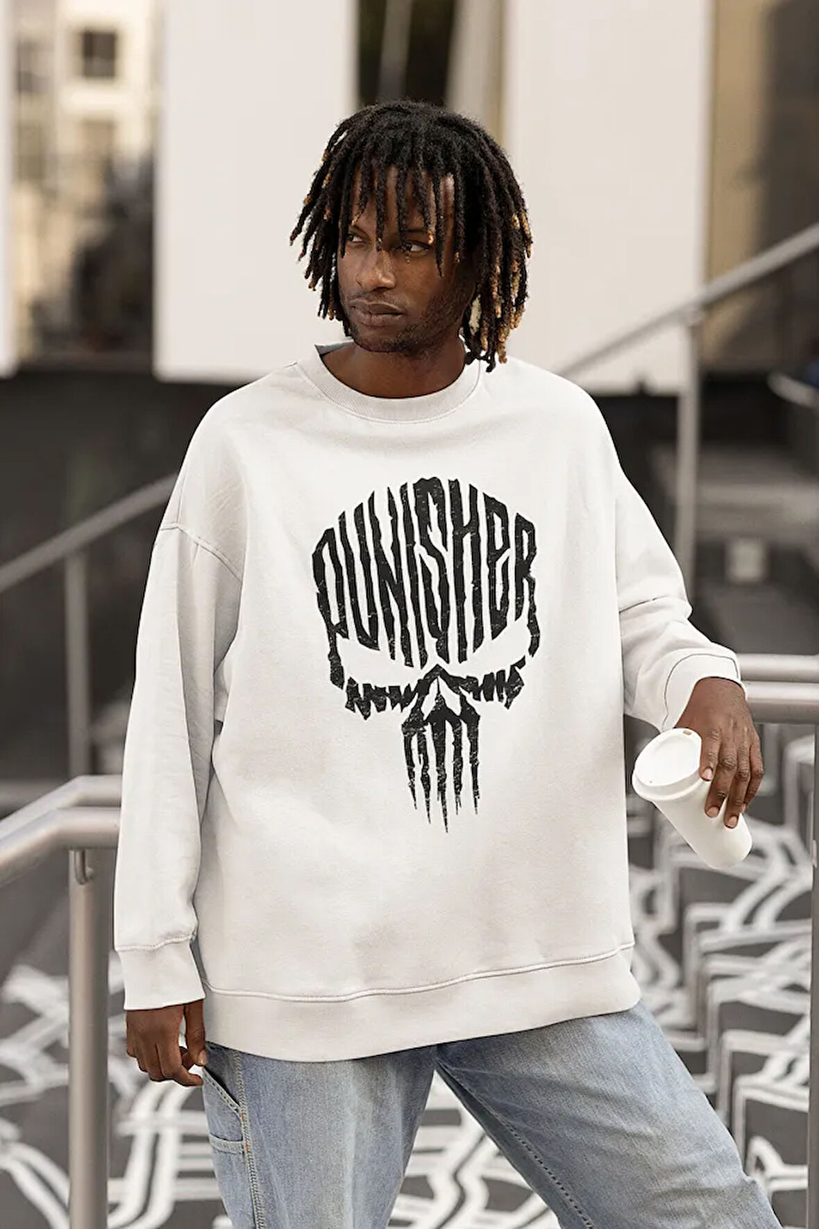 Tasarım Punisher Baskılı Unisex Oversize Karakter Sweatshirt